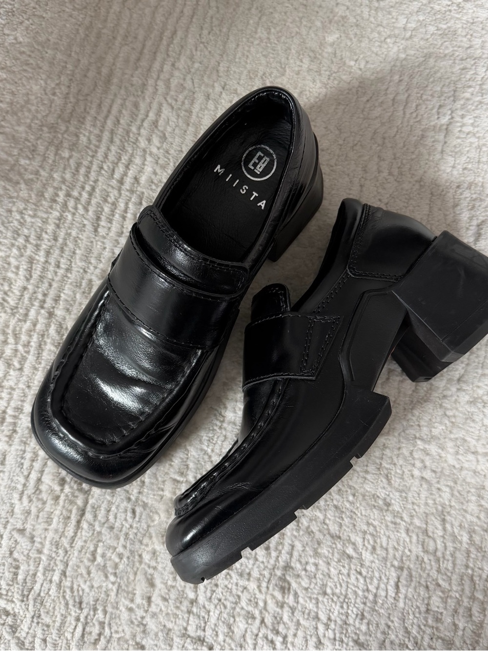 Miista Black Leather Square Toe Loafers